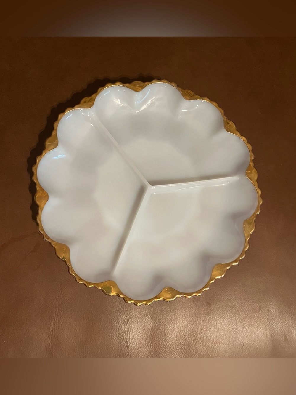 Vtg Anchor Hocking Gold Edge Milk Glass 3 Section Relish Plate
